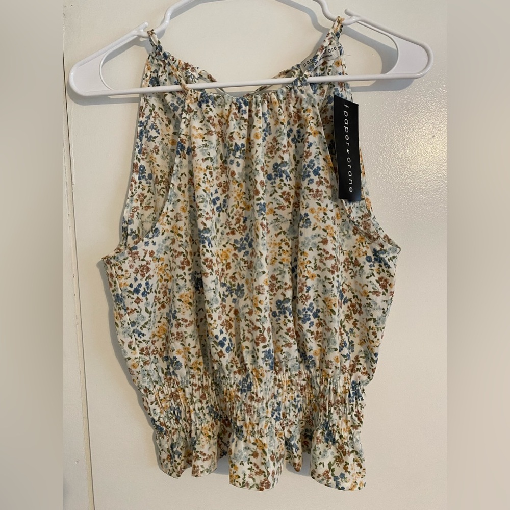 NWT Size Medium Cream & Blue Halter Neck Tank Top, Tie in Back